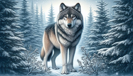 Illustration of a wolf in a winter forest. 3d rendering