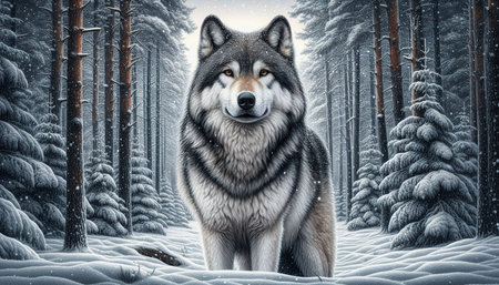 Portrait of a wolf in the winter forest. 3D rendering