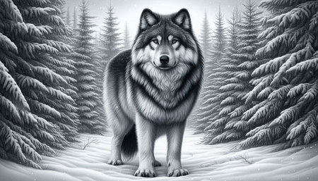 Illustration of a wolf in the winter forest. 3d rendering