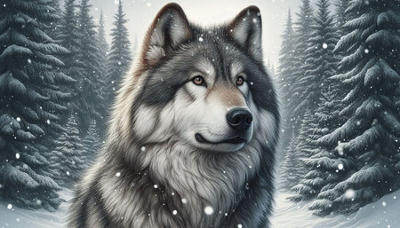 Beautiful portrait of a wolf in a snowy forest. Digital painting.