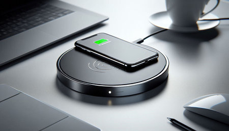Smartphone charging with power bank on the laptop. 3d illustration.
