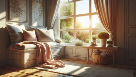 Luxury bedroom interior with large window. 3d render.の写真素材