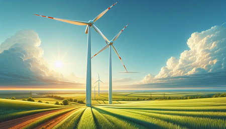 Wind turbines in the field at sunset. Alternative energy source. 3D rendering