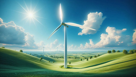 Wind turbines on green meadow. Renewable energy concept. 3D Rendering