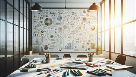 Conference room interior with business sketches on wall. 3D Rendering