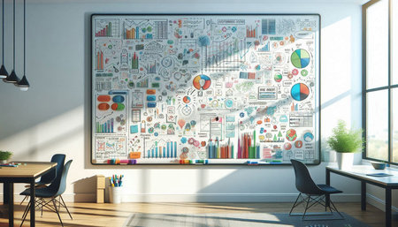 Modern office interior with colorful business sketch on wall. Presentation concept. 3D Rendering