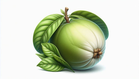 Illustration of a green melon with leaves on a white backgroundの写真素材