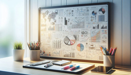Close up of modern workplace with stationery and financial charts on screen. 3D Rendering