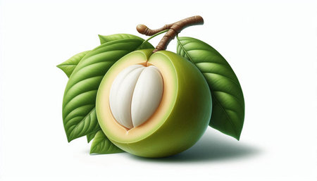 Fresh sapodilla fruit with green leaves isolated on white background.