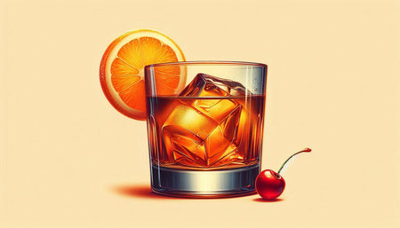 Cocktail with ice, cherry and orange on a yellow backgroundの写真素材