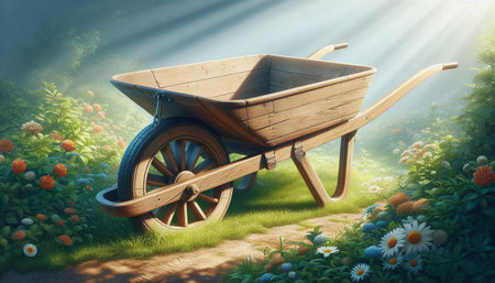 wooden wheelbarrow in the garden. 3d illustration.の写真素材