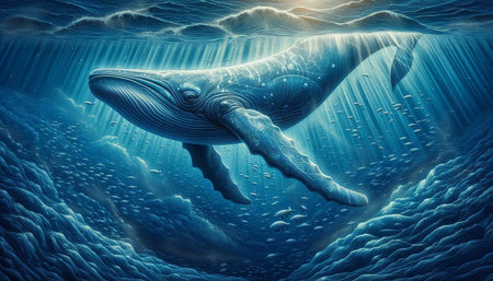 Whale in deep blue ocean. 3D rendering and illustration.の写真素材