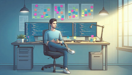 A young man in casual clothes sitting in front of a computer screen in an office environment with...