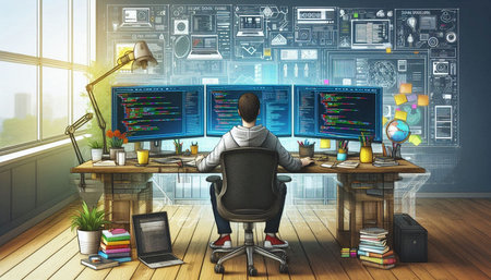 Programmer sitting at his desk in front of computer screens. This is a 3d render illustration