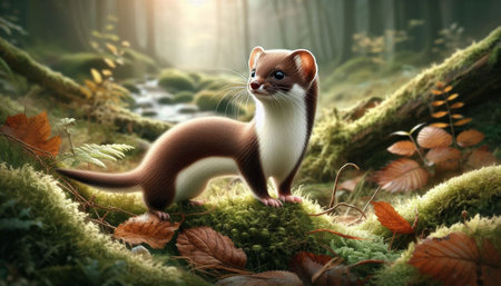 Funny weasel in the forest. 3D illustration. Natural background.