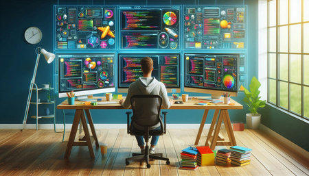 Programmer in front of monitor. Mixed media. 3D rendering