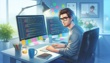 Young man working on computer in office. Programming concept. 3D Rendering