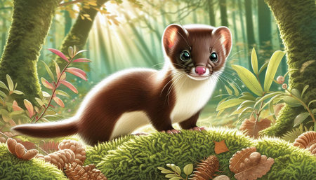 Funny weasel in the forest. 3d render illustration.