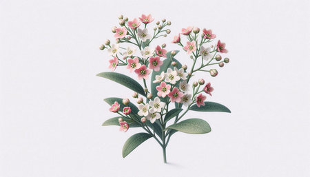 Bouquet of small pink flowers with green leaves on white background