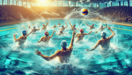 Swimming pool water polo players. Mixed media. Mixed mediaの写真素材