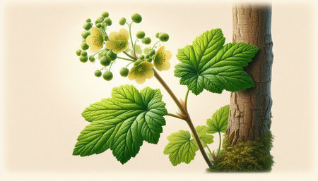 Blossoming branch of a guelder rose with green leaves.