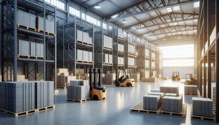 Warehouse interior with forklift in warehouse. 3d rendering.