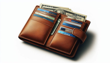 Purse with dollars and credit cards isolated on a white background.
