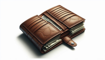 Brown leather wallet with money on a white background. 3d rendering