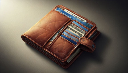 Brown leather wallet with credit cards on a gray background. Toned.