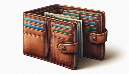 Brown leather wallet with dollars and credit cards on a white background.