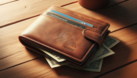 Credit card and wallet with money on wooden table, close-up