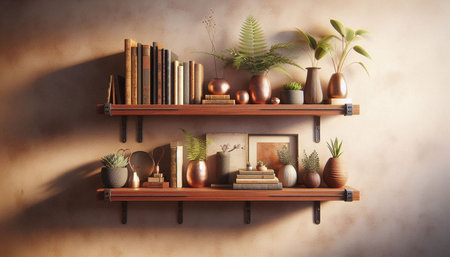 Wooden shelf with vases, books and plants. 3d renderingの写真素材