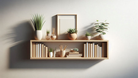 Wooden bookshelf with plants on white wall. 3d renderingの写真素材