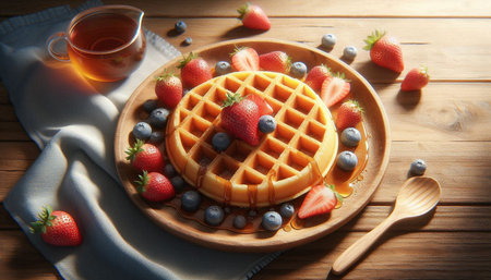 Waffles with strawberries and blueberries on a wooden plate. Top viewの写真素材
