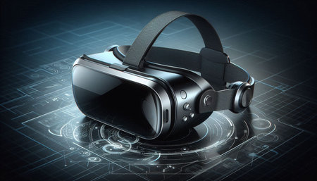 Virtual reality goggles with hud interface on dark background. 3D rendering