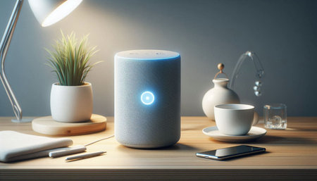 smart speaker with smart phone and coffee cup on wooden table in office