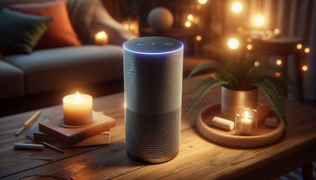 Audio speaker on a table in the living room with candles and plants