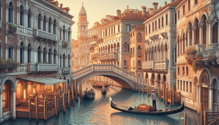 Gondola on Grand Canal in Venice, Italy. Digital paintingの写真素材