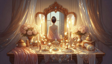 Buddha statue with candles and flowers in the room. 3d rendering
