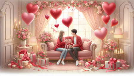 Valentine's day concept. Young couple in love sitting on a pink sofa in the room decorated with...