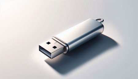 3d rendering of a silver USB flash drive on a white background