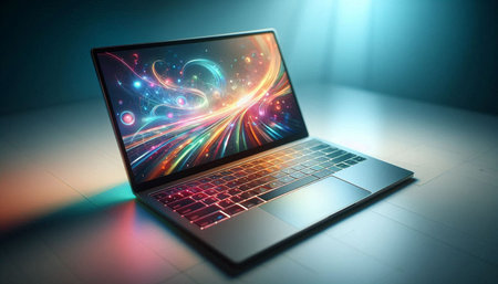 Laptop with glowing lines and bokeh on a dark background