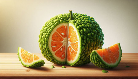 Kaffir lime and orange fruit on wooden table. 3d rendering