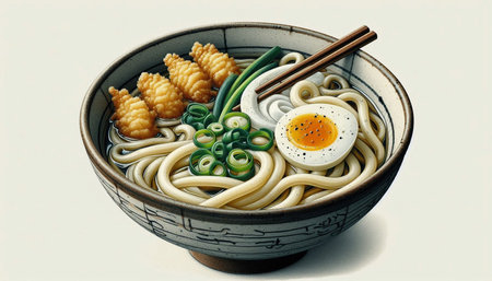 japanese udon noodle with egg on the white background