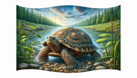 Turtle on the road in the forest. 3D illustration.