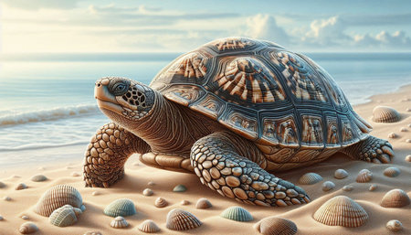 3d render of a tortoise on the seashore.