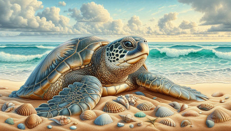 Sea turtle on the beach. 3D illustration. Vintage style.