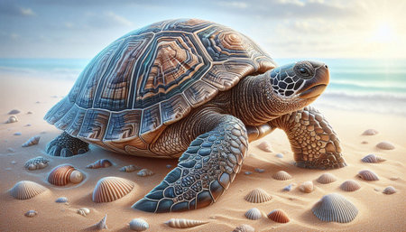 Turtle on the beach. 3d illustration. Elements of this image furnished by NASA