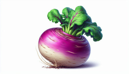 Purple turnip with green leaves isolated on white background. Vector illustration.