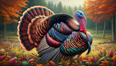 Colorful turkey in the autumn forest. 3d render illustration.